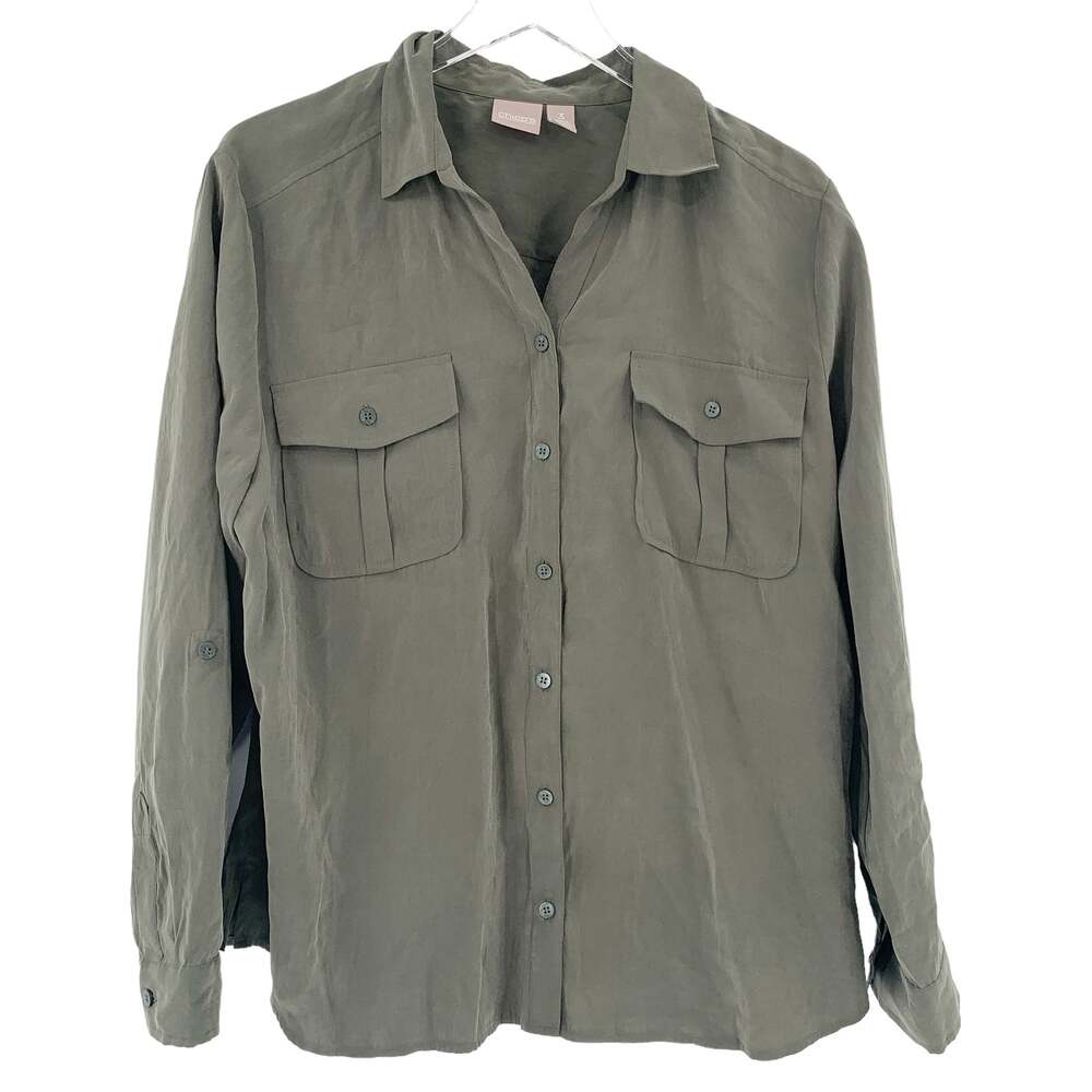 CHICOS Soft Silky Top Size 3 / XL Long Sleeve Blouse Roll Tab Sleeves Army Green